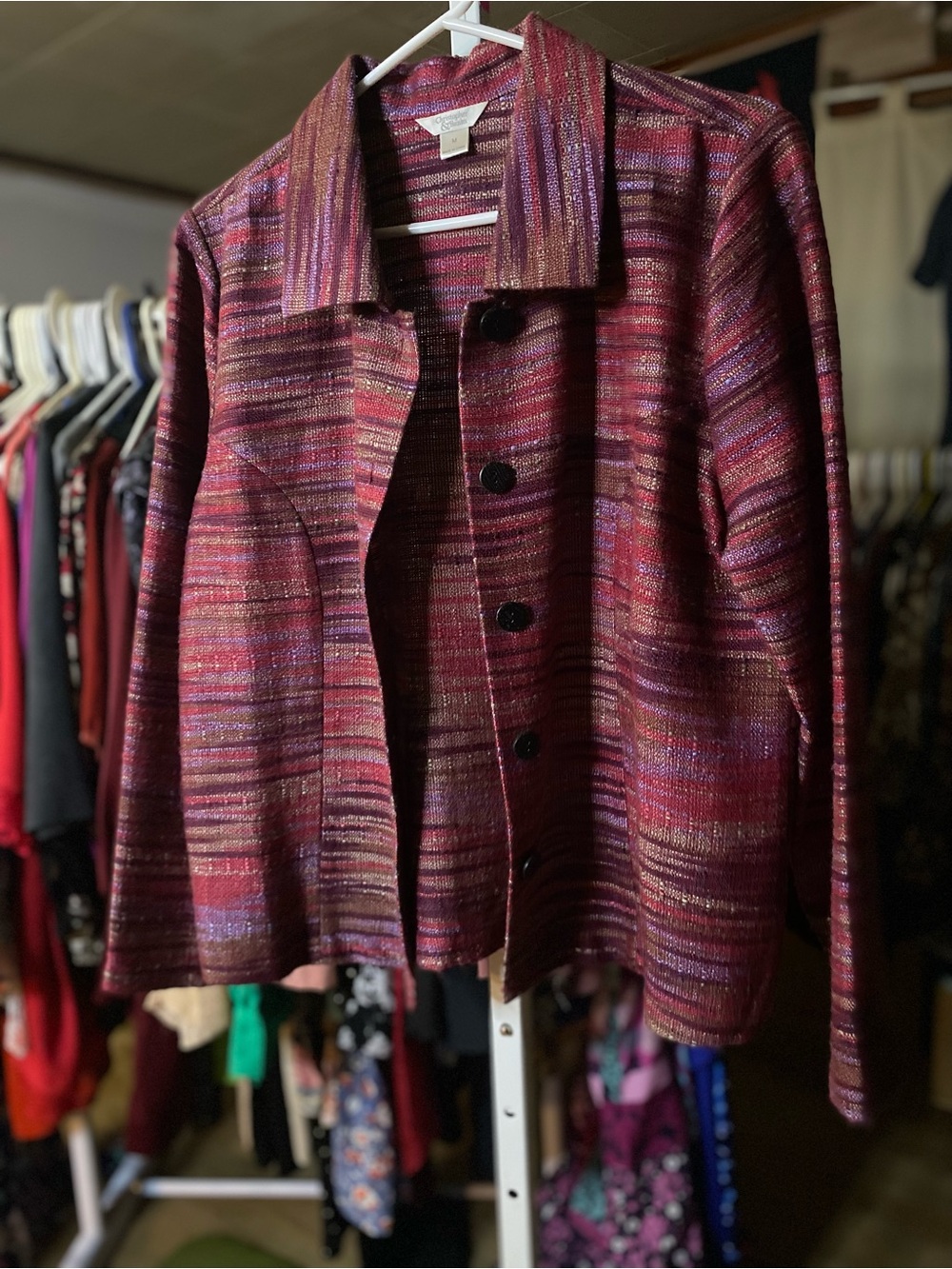 Christopher & Banks Multicolor Striped Button Jacket - Burgundy Tones